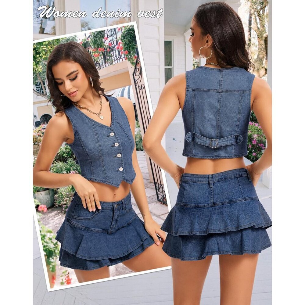 Women Denim Vest Cropped Waistcoat Sleeveless Jean Top Casual Festival - Picture 6 of 7